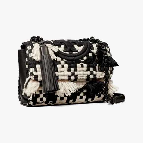 Tory Burch Black & White Small Fleming Tweed Convertible Womens Shoulder Bags