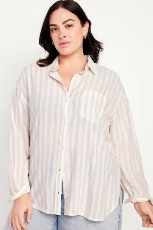 Linen Blend Button-Down Boyfriend Shirt