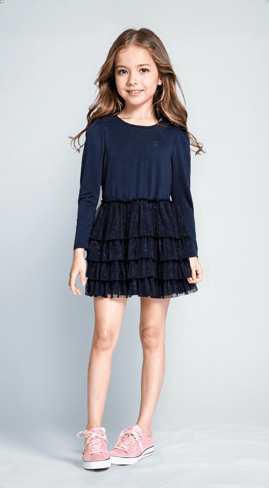 s.Oliver Red Label jersey dress for kids, featuring a soft cotton bodice and a delicate tulle trim skirt, perfect for parties or special occasions.
