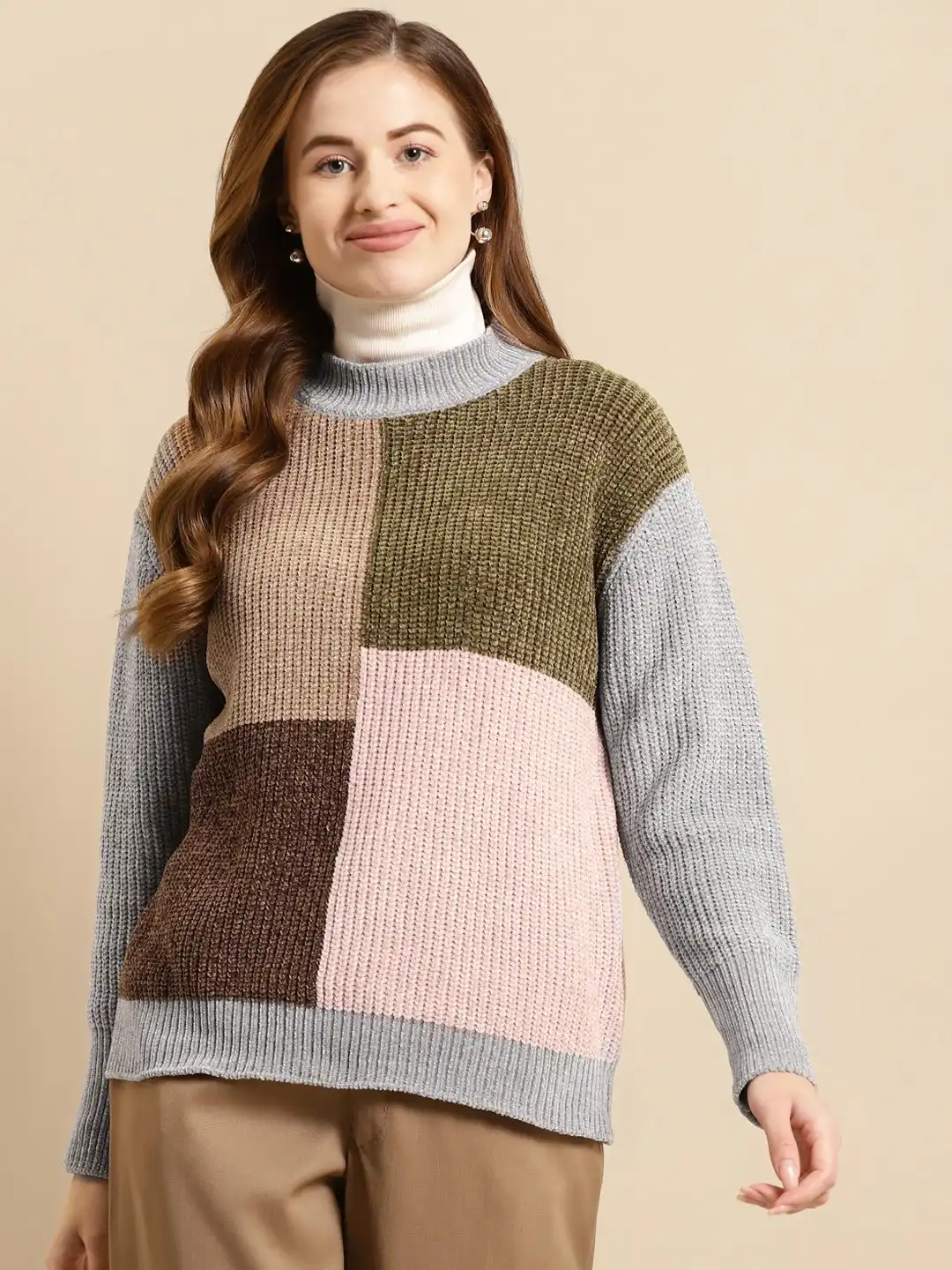 Cover Story Women Grey & Green Colourblocked Pullover