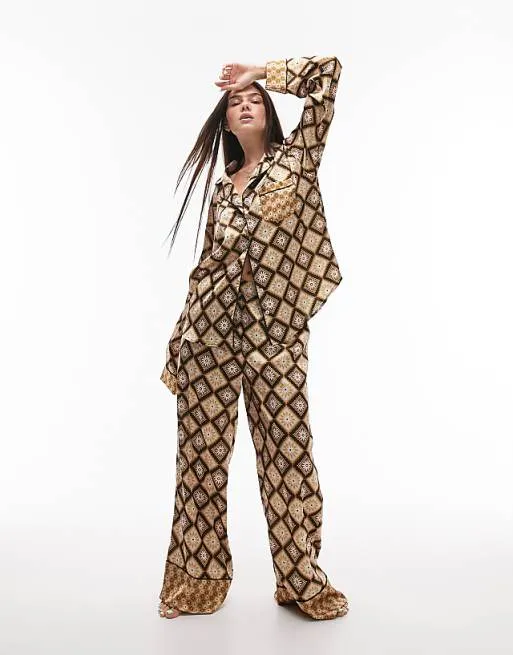 Topshop's multicoloured tile print satin piped shirt and trouser pyjama set