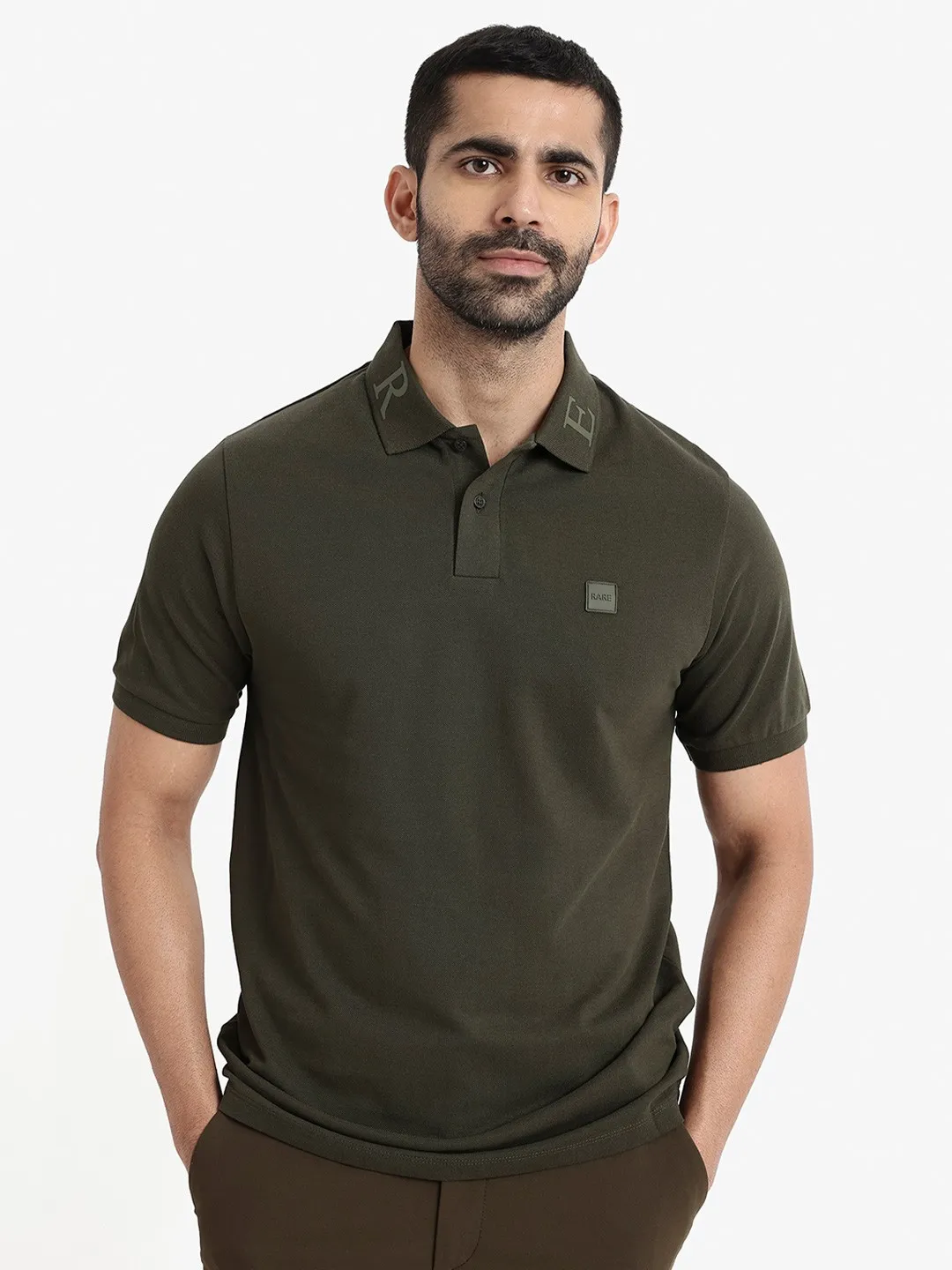 Rare Rabbit Men’s Solid Polo Collar T-Shirt with Clif Embroidery