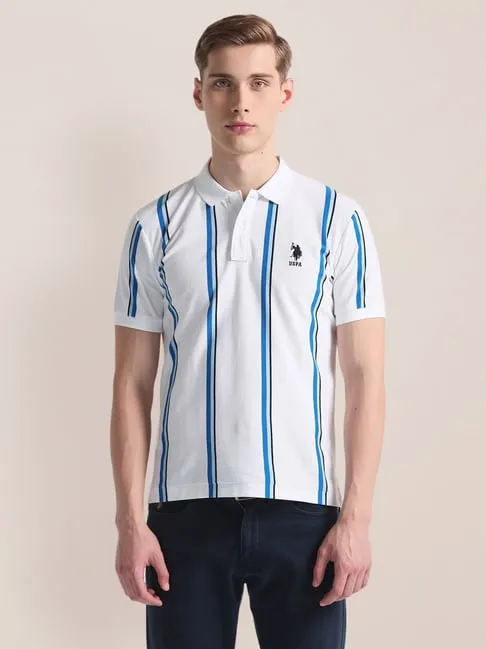 U.S. Polo Assn. White Cotton Slim Fit Polo T-Shirt with Stripes