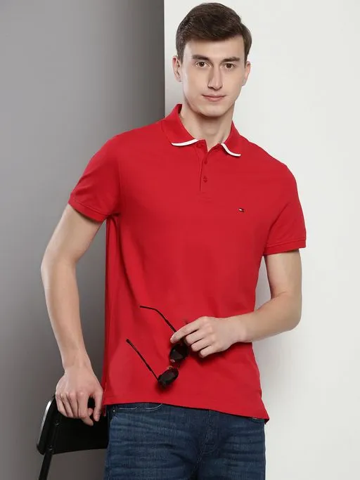 Men's Red Solid Polo T-Shirt by Tommy Hilfiger