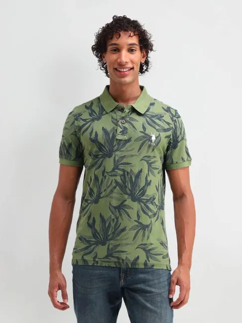 U.S. Polo Assn. Green Cotton Slim Fit Polo T-shirt with floral print